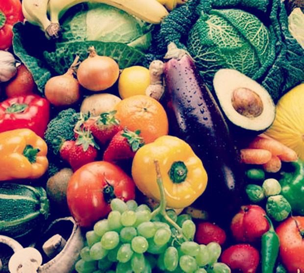 Close up image of various fruits and vegetables