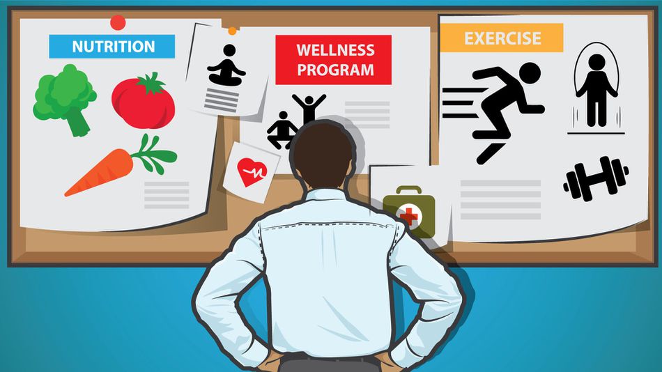 Cartoon image of man looking at a wellness bulletin board