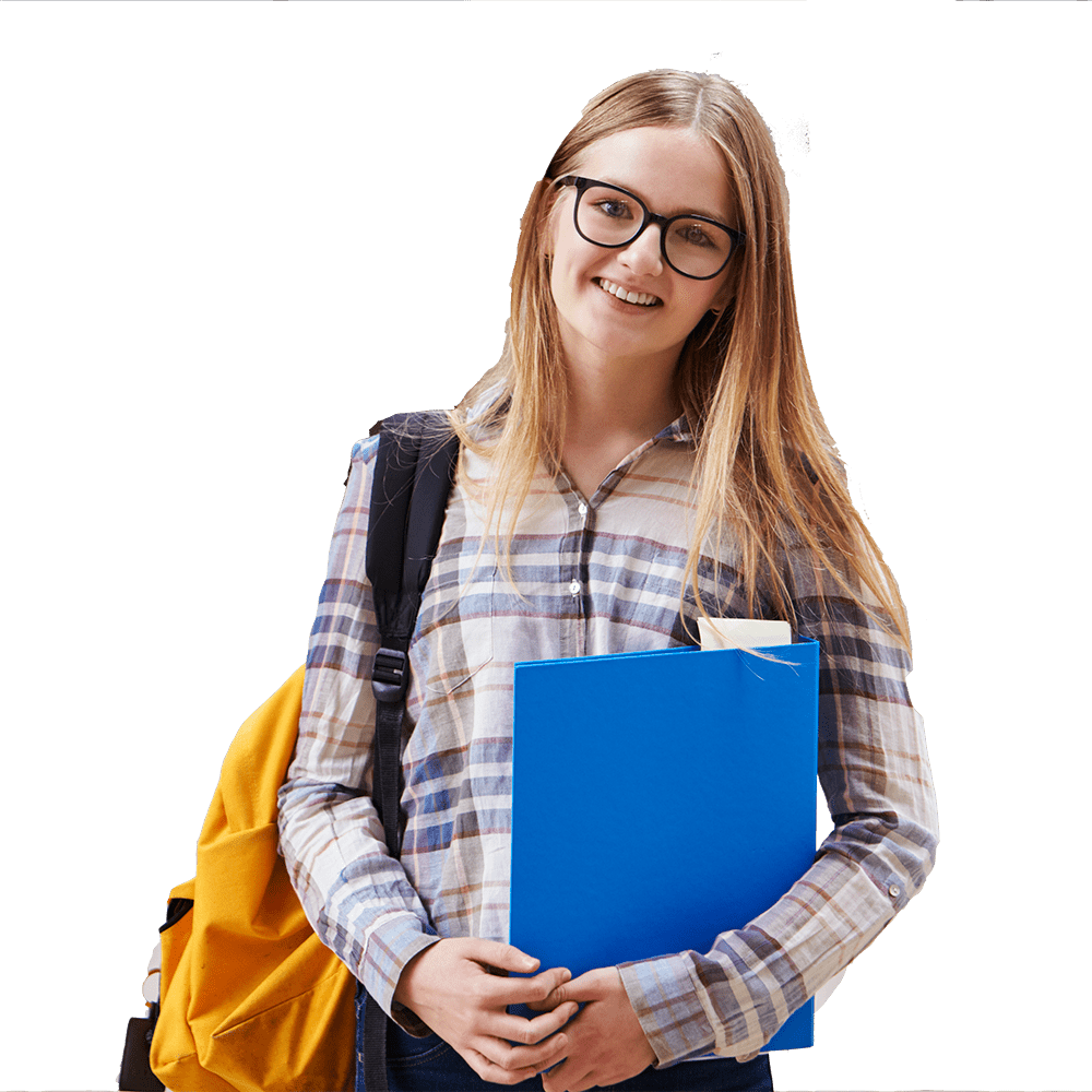 FredC-Student Young girl smiling with backpack on and folder in hand