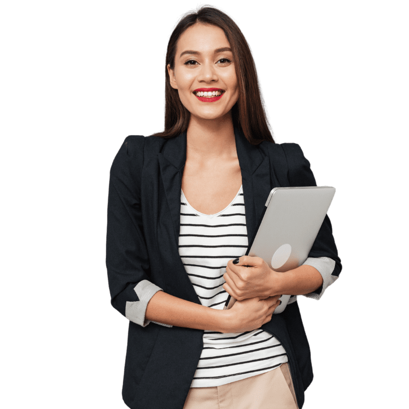 A transparent image of a women smiling and holding her laptop in her arm