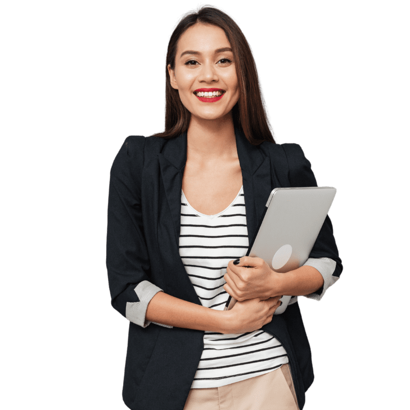 shutterstock_788964067 A transparent image of a women smiling and holding her laptop in her arm
