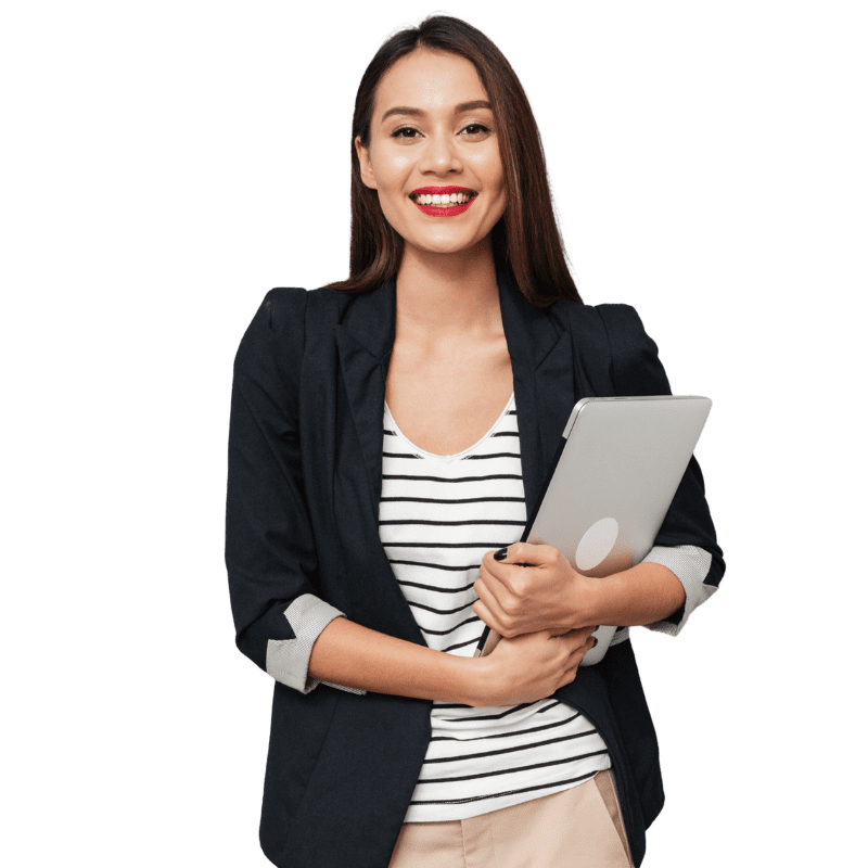 A transparent image of a woman smiling and holding her laptop in her arm, ready for a career in insurance with Fred C Church